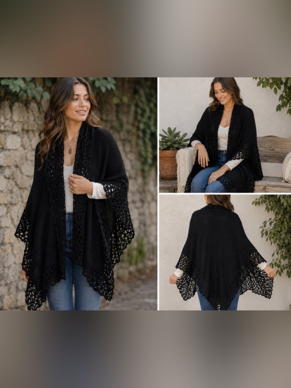 NOVICA Black 100% Baby Alpaca Ruana Shawl Wrap Open Front Crochet Trim One Size